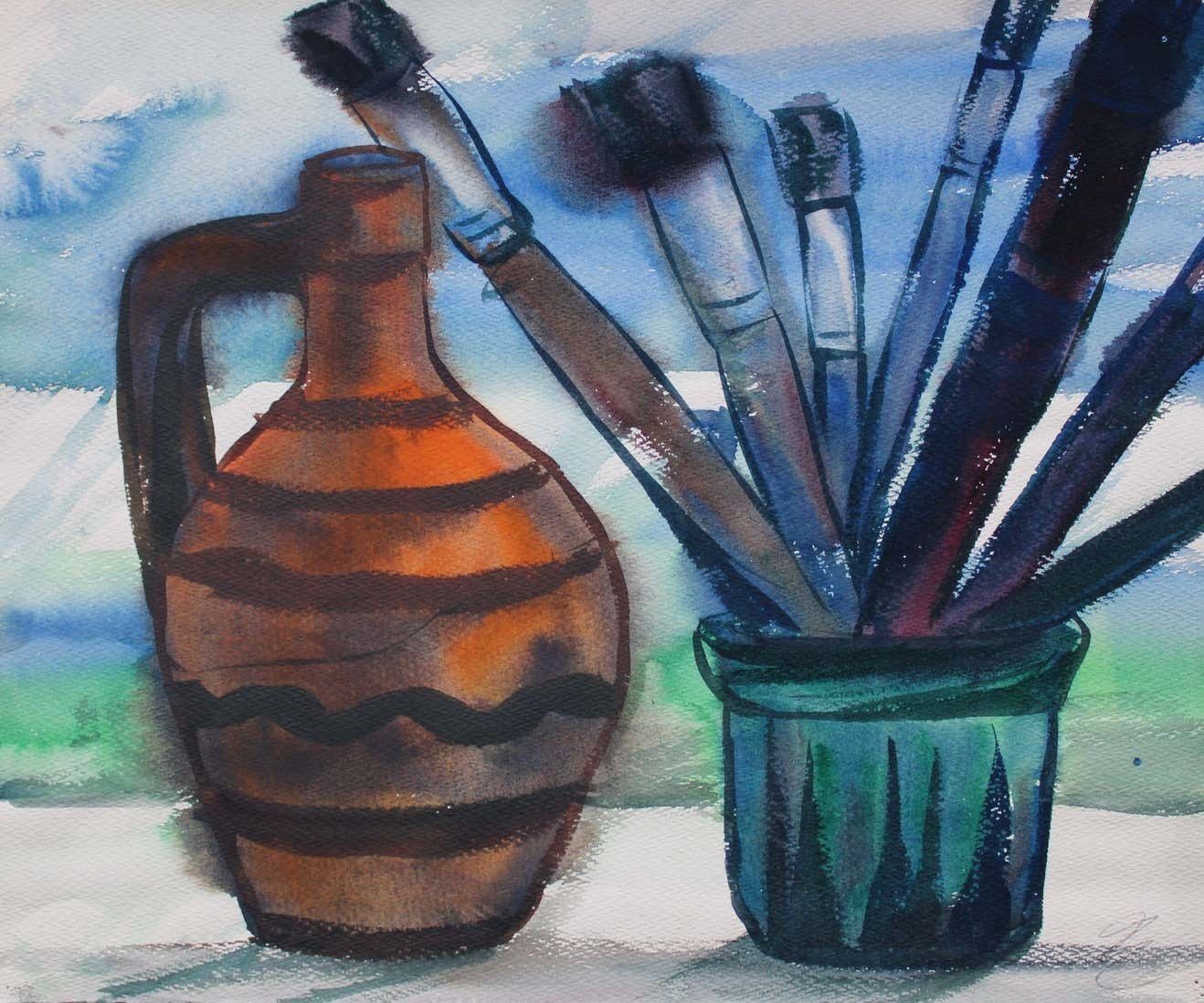 Dzidra Ezergaile Still Life With Brushes 1960s. Paper Watercolour
