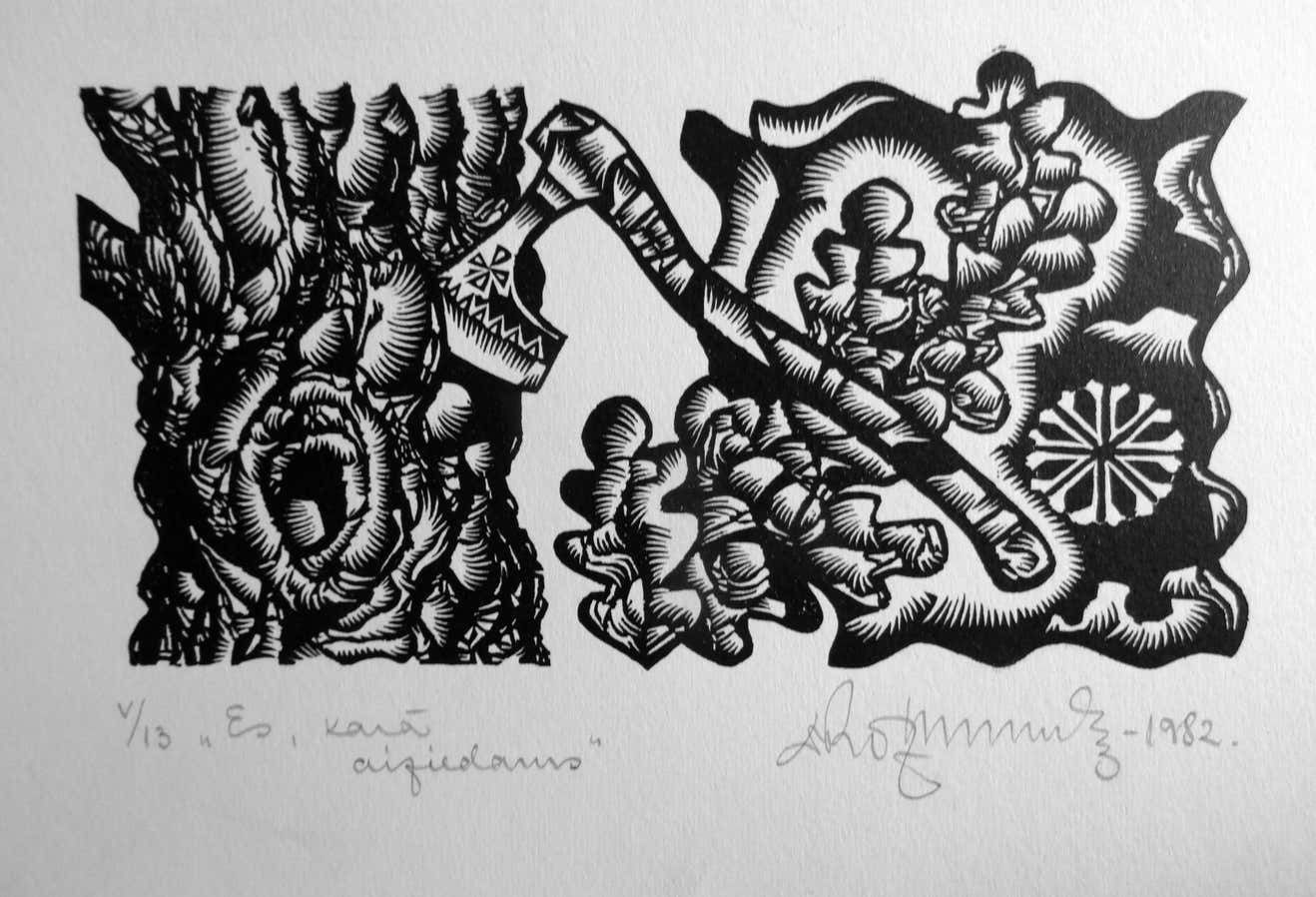 Dainis Rozkalns Going In Battle. 1982. Paper, Linocut,