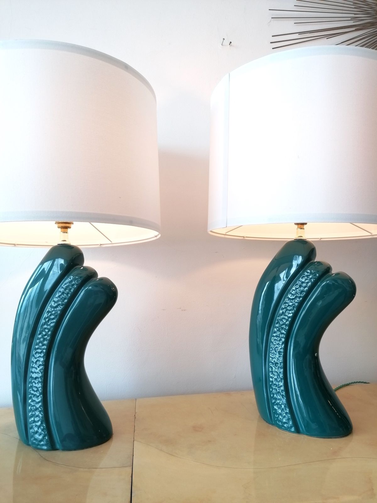 Pair Of Vintage Dark, Intense Blue / Green Ceramic Lamps, USA 1980s Deco Revival photo vinterior