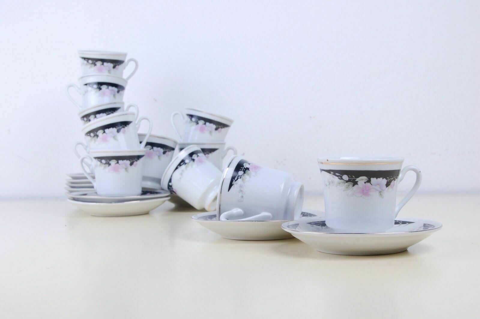 Vintage Hand Painted Ceramic Coffee Service Made In China Black Floral 12 Prs