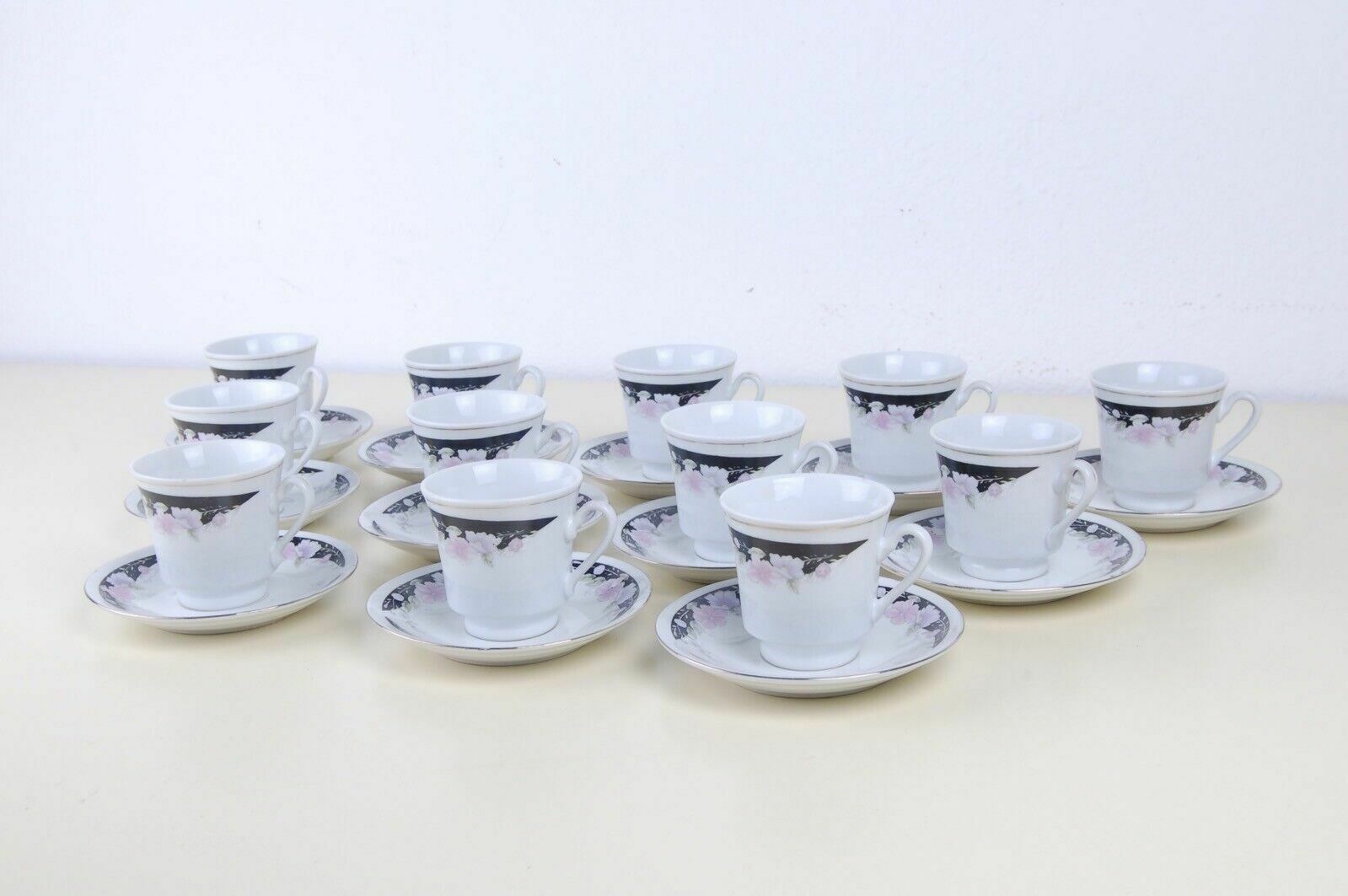 Vintage Hand Painted Ceramic Coffee Service Made In China Black Floral 12 Prs photo furniture