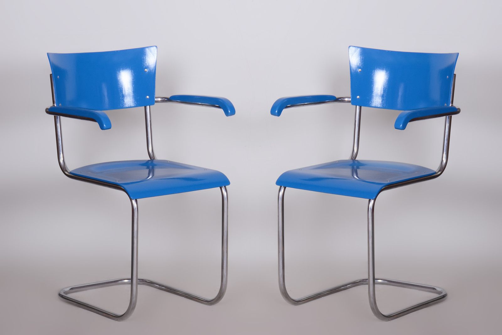 Set Of Four Blue Restored Beech Armchairs By Mart Stam, Germany, 1930s photo furniture