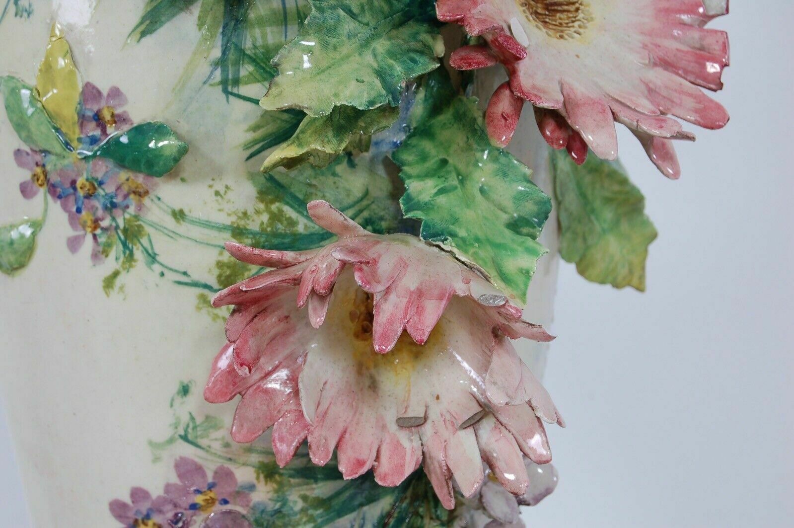 Large Slip Vase From The Early 1900s Flowers In Relief Terracotta Clay Amphora photo vinterior