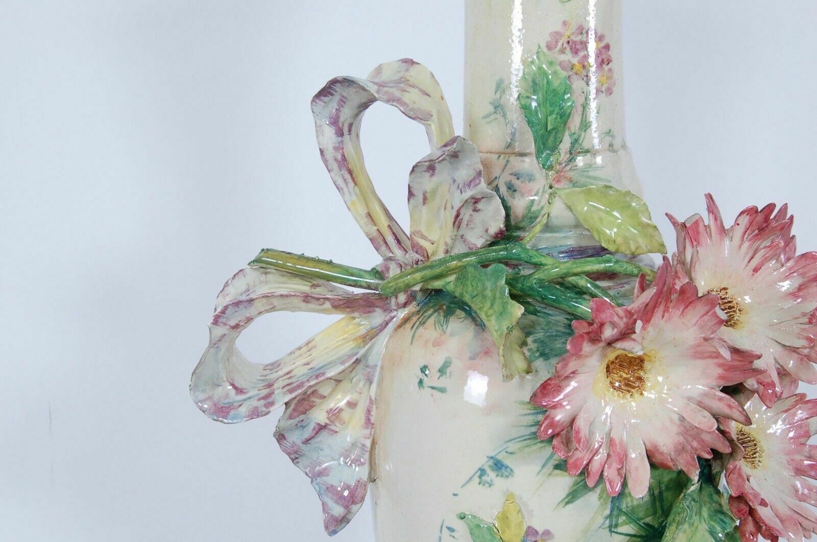 photo furniture Large Slip Vase From The Early 1900s Flowers In Relief Terracotta Clay Amphora