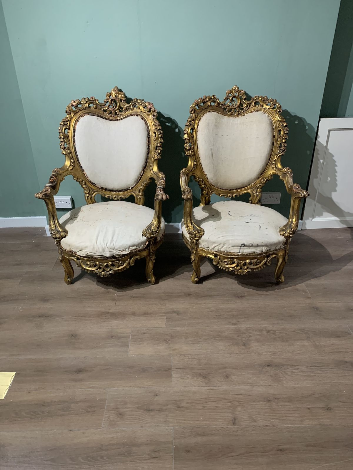 A Pair Of Rococo Gilt Wood Arm Chairs photo for sale