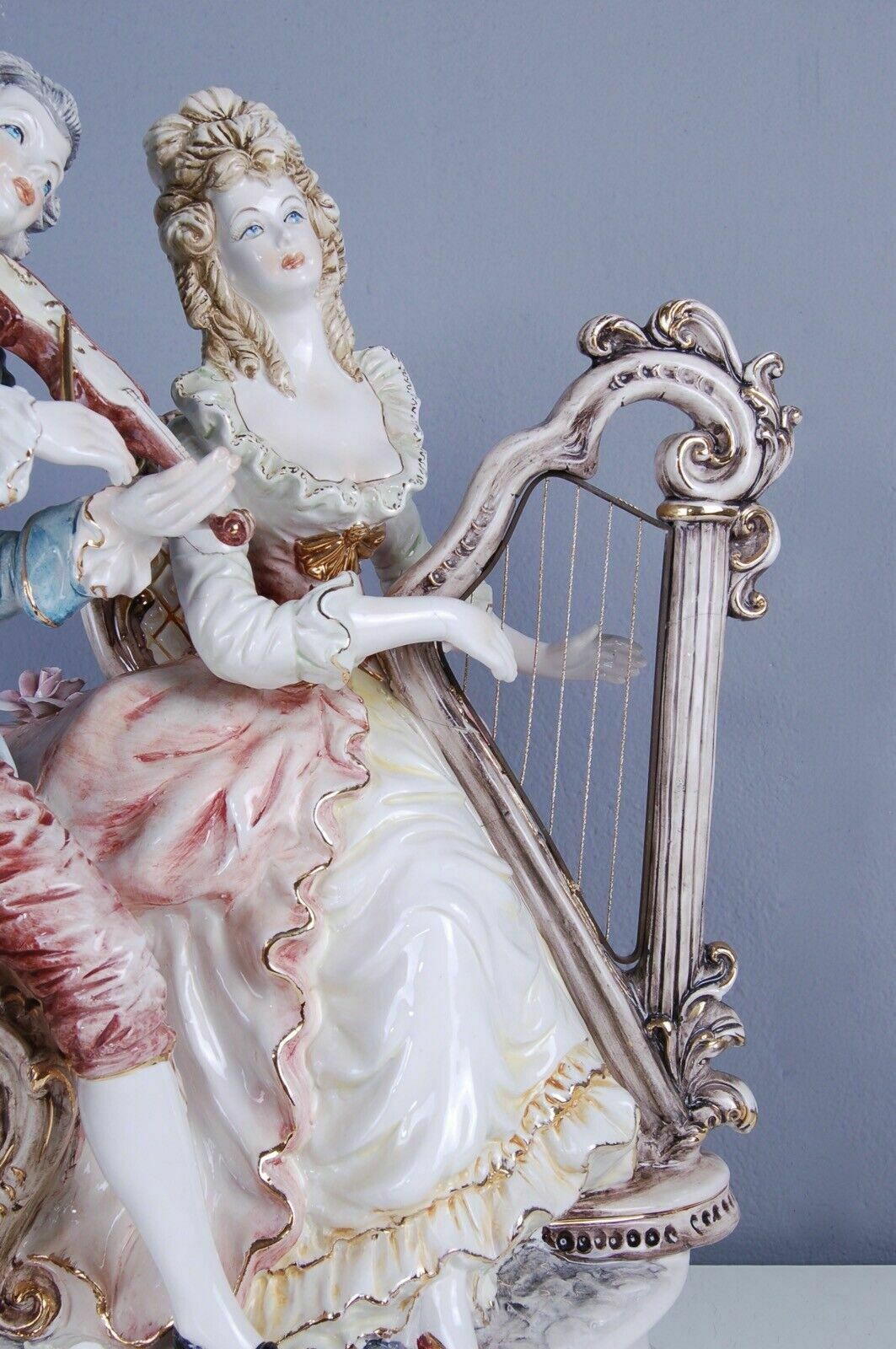 Porcelain Large Statue Pottery Made In Italy Musicians Violin Harp photo vinterior