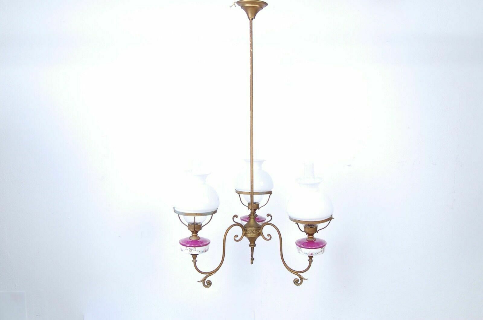 1940s Design Chandelier With Three Lights, Vintage Ceramic Glass Ceiling Lamp