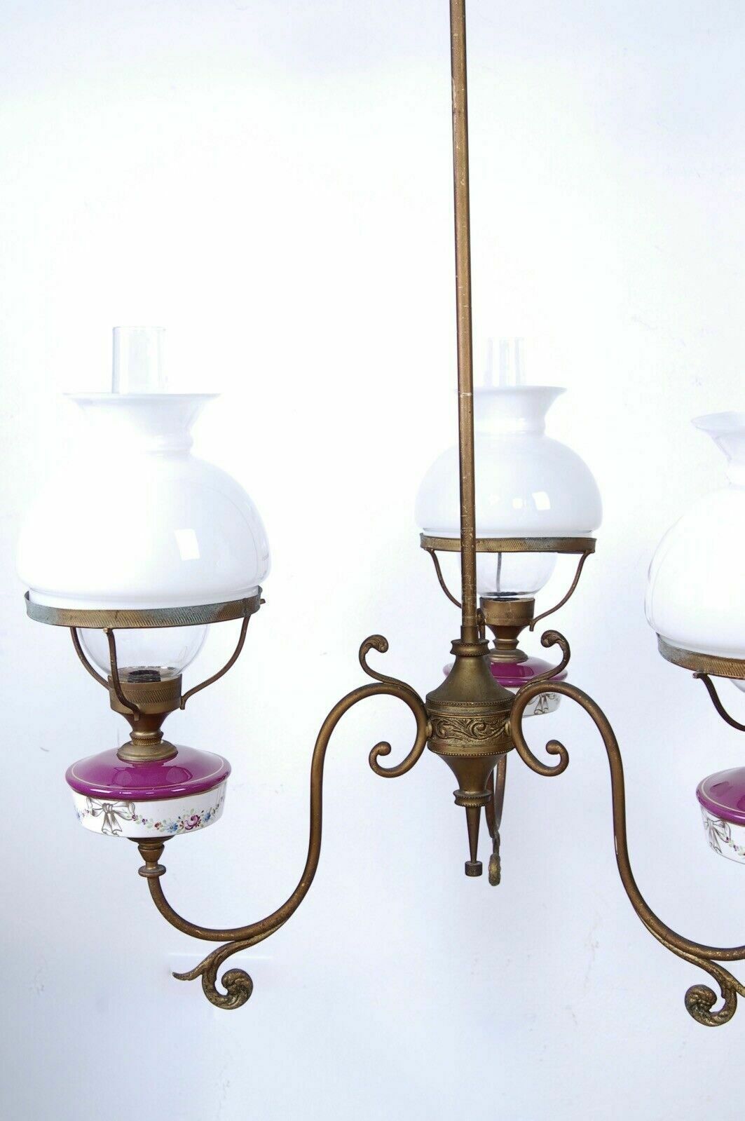 1940s Design Chandelier With Three Lights, Vintage Ceramic Glass Ceiling Lamp photo Lighting