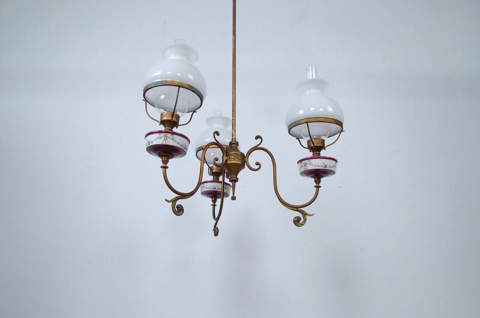 photo for sale 1940s Design Chandelier With Three Lights, Vintage Ceramic Glass Ceiling Lamp