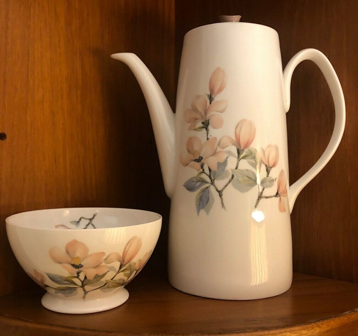 photo for sale Beautiful Vintage English Midcentury Fine Bone China Tea And Coffee Set By Royal Adderley In ‘Ophelia’ Magnolia Pattern