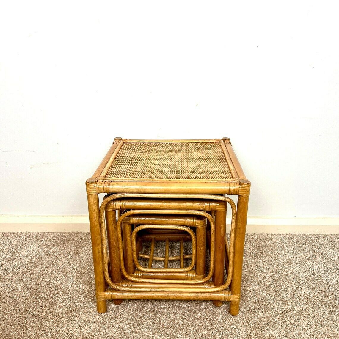 Vintage Tiki Boho Bamboo Rattan Nest Of Tables photo 180.0