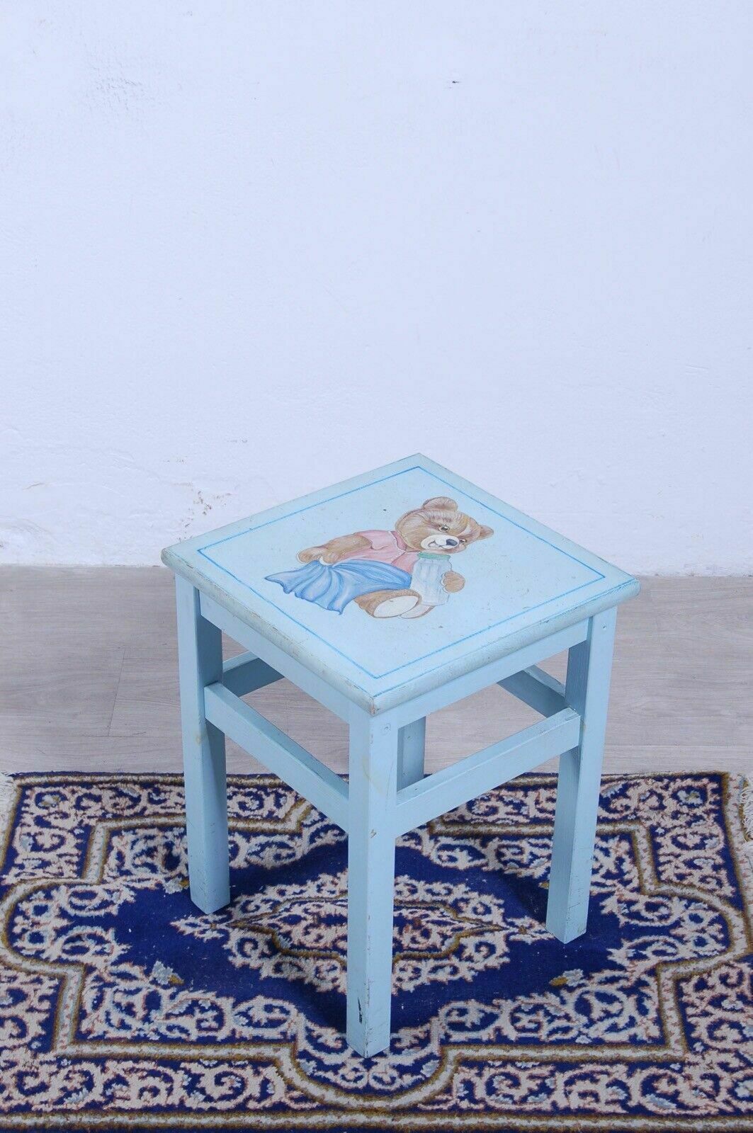 Vintage Stool Restyling Shop Windows Baby Girl Blue With Teddy Bear photo furniture