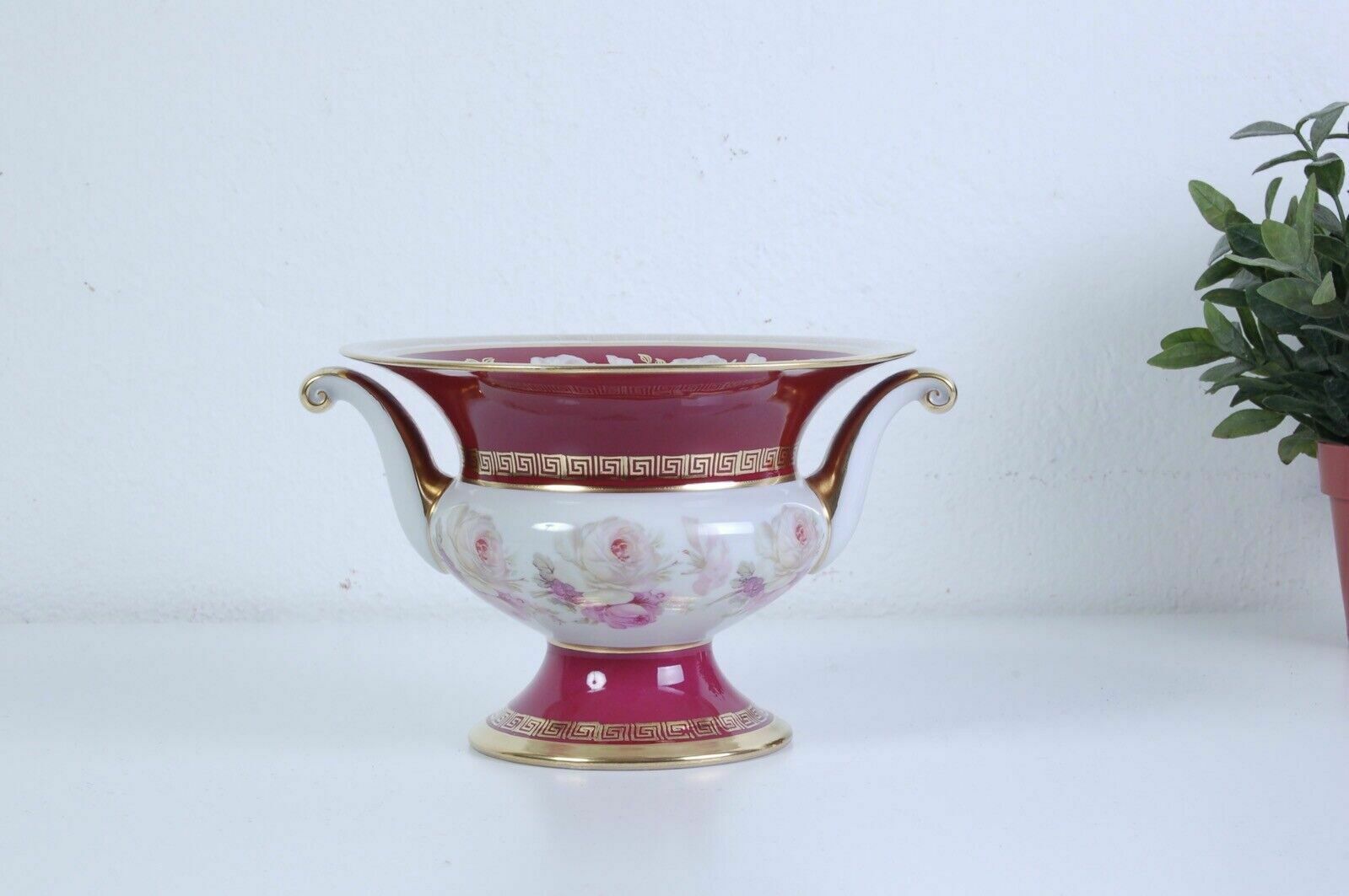 Limoges Ceramic Vase, Magenta Ceramic Ornament With Floral Gold Edge photo for sale