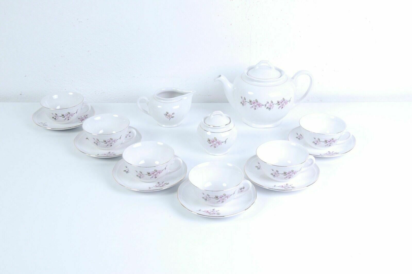 Laveno Ceramic Tea Coffee Service 6 People With Peach Blossom Teapot From The 1950s photo furniture