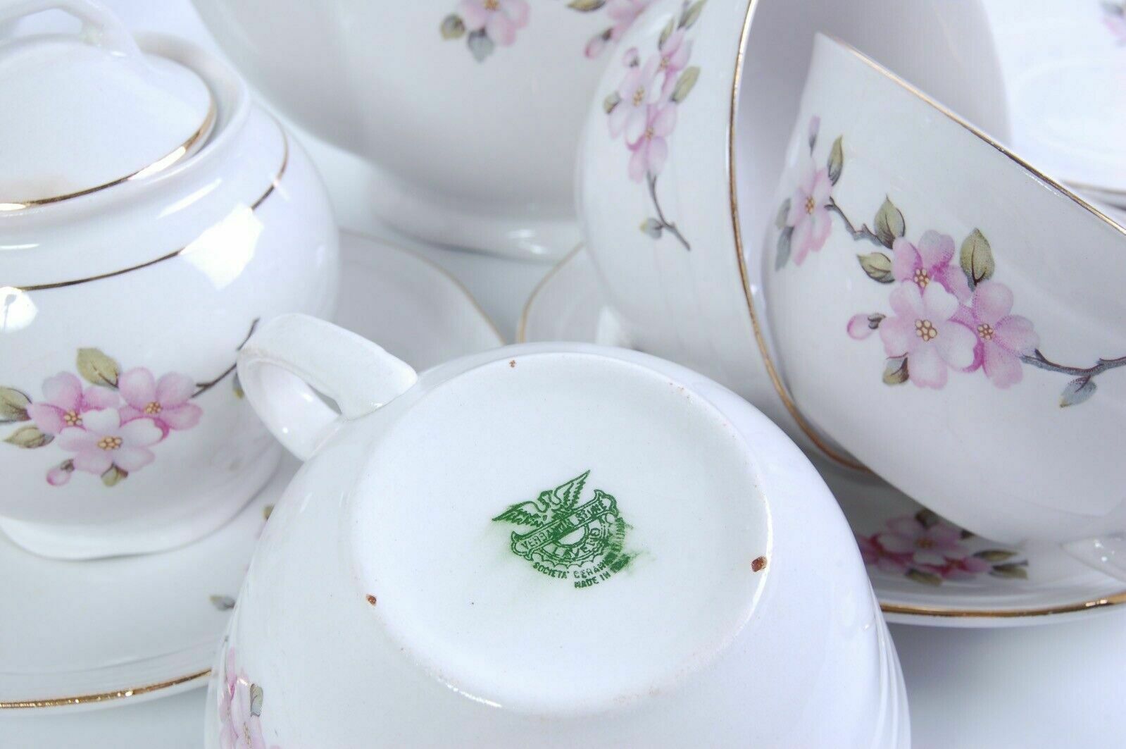 Laveno Ceramic Tea Coffee Service 6 People With Peach Blossom Teapot From The 1950s photo for sale