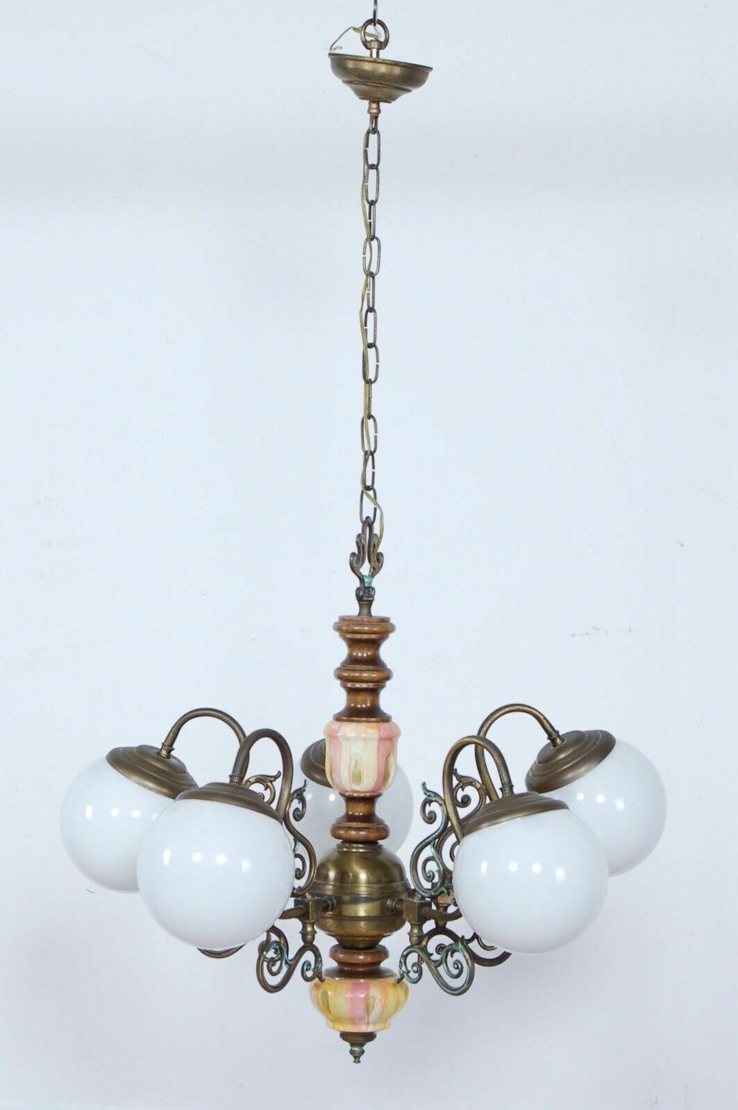 Vintage Eclectic Chandelier 5 Lights Brass Wood Orange White Glass photo furniture