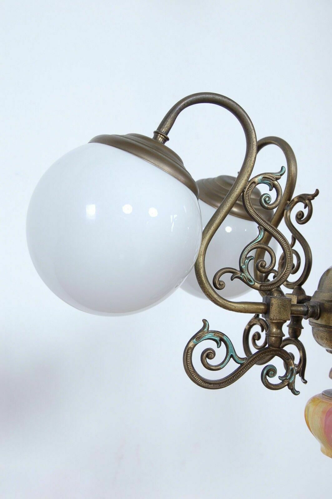 74.0 Vintage Eclectic Chandelier 5 Lights Brass Wood Orange White Glass photo