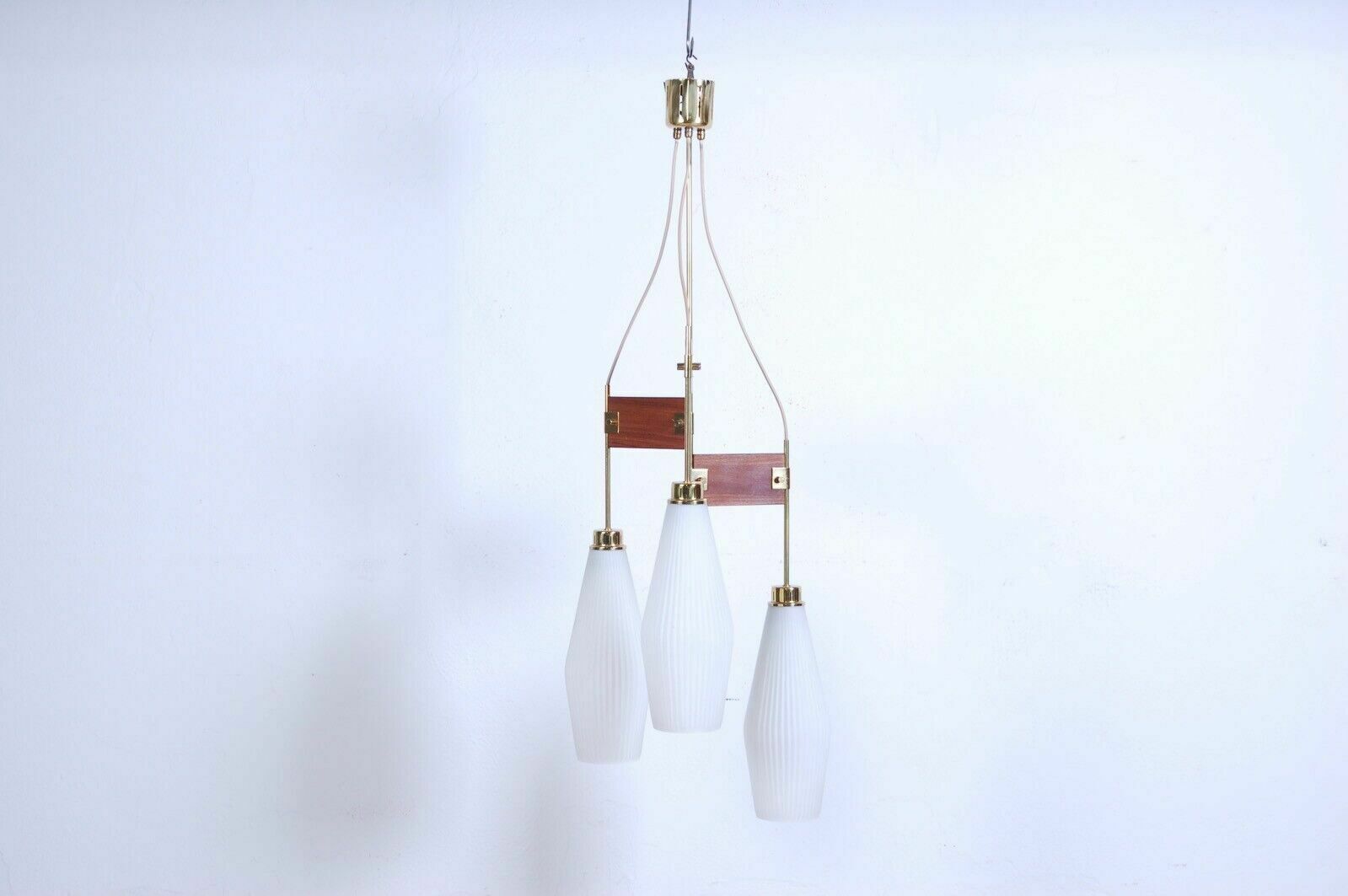 Stilnovo Design Chandelier From The 50s And 60s. Opaline Glass And Brass Ceiling Lamp