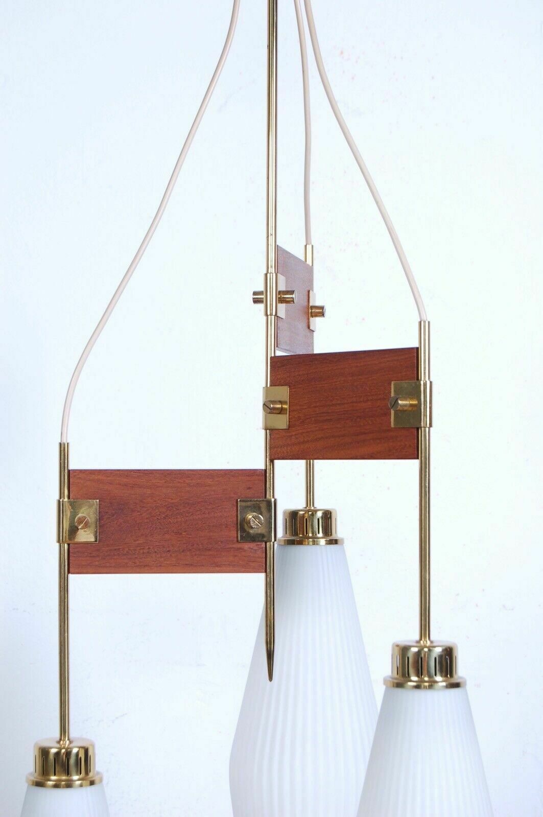 photo for sale Stilnovo Design Chandelier From The 50s And 60s. Opaline Glass And Brass Ceiling Lamp