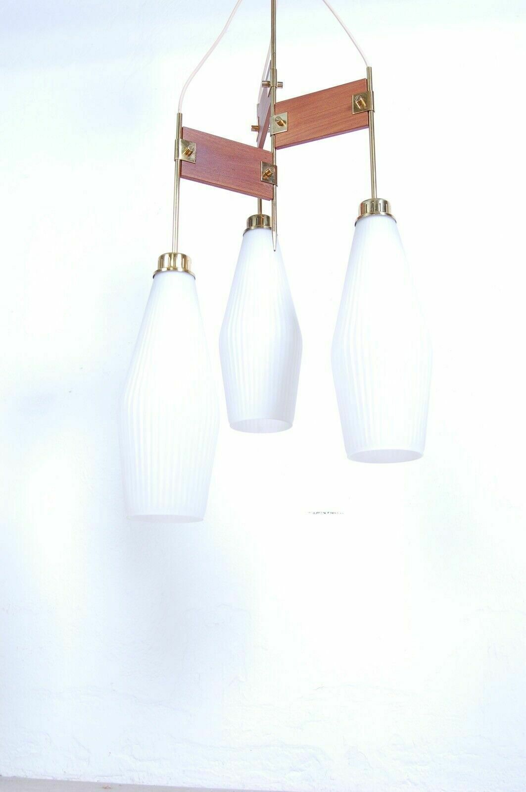 Lighting Stilnovo Design Chandelier From The 50s And 60s. Opaline Glass And Brass Ceiling Lamp photo