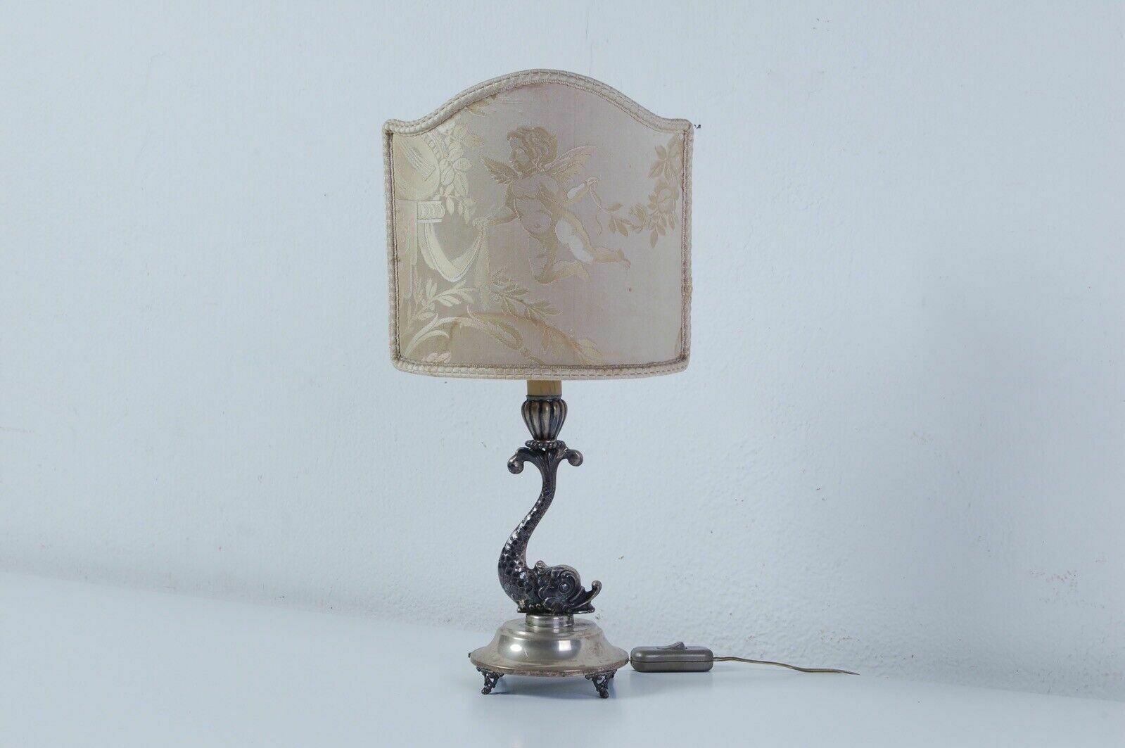 Antique Table Lamp Abat Joure Antique Silver Dolphin Lampshade Putto photo 474.0