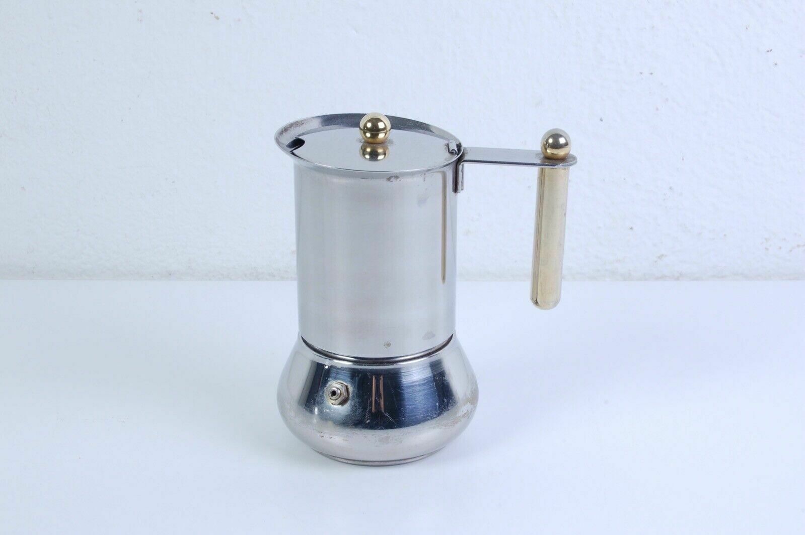 Vev Stainless Steel Coffee Maker Made In Italy, Moka Gold Handle Series, 70s photo for sale
