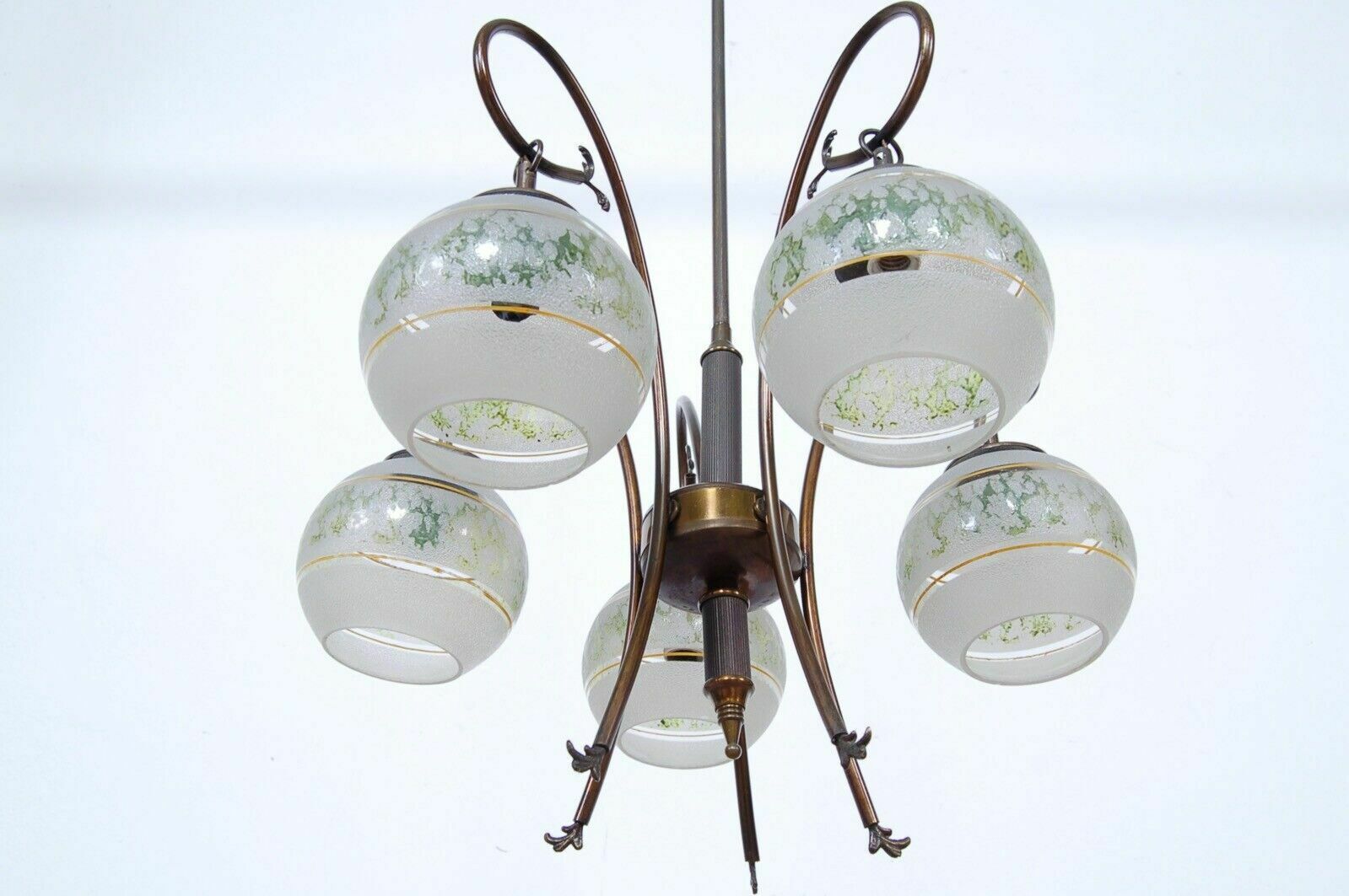 1950s Design Chandelier Vintage Brass 5 Lampshade Satin Glass Green Decoration photo Lighting