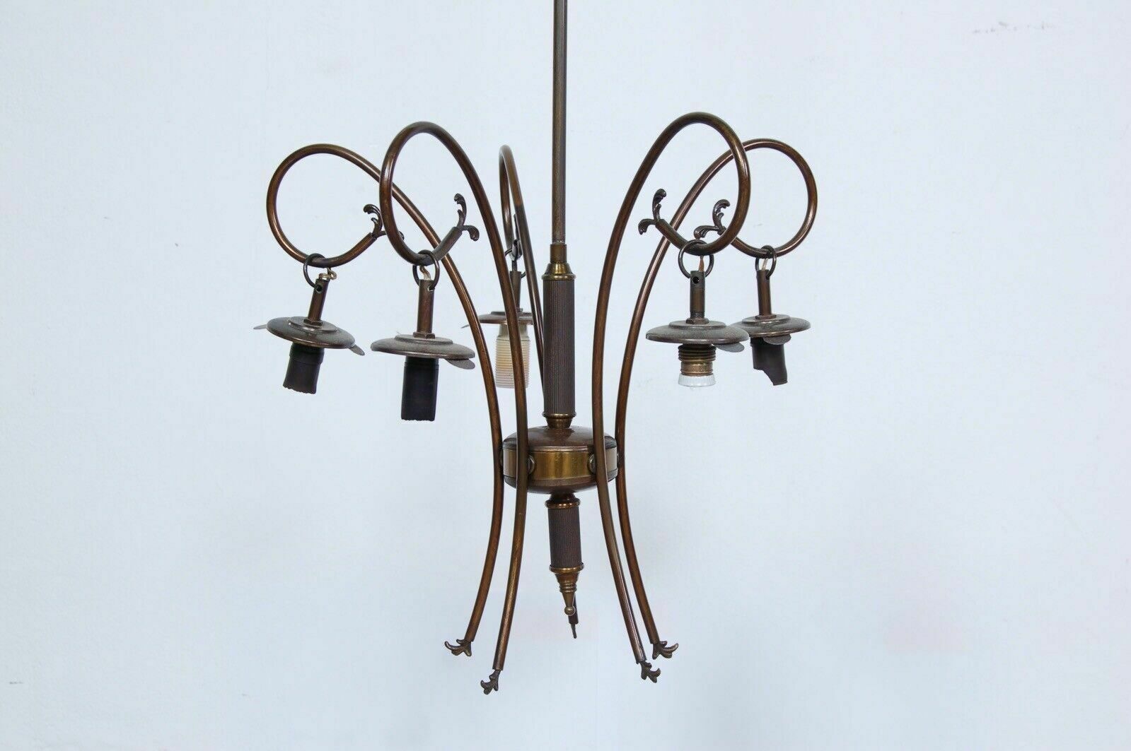 Lighting 1950s Design Chandelier Vintage Brass 5 Lampshade Satin Glass Green Decoration photo