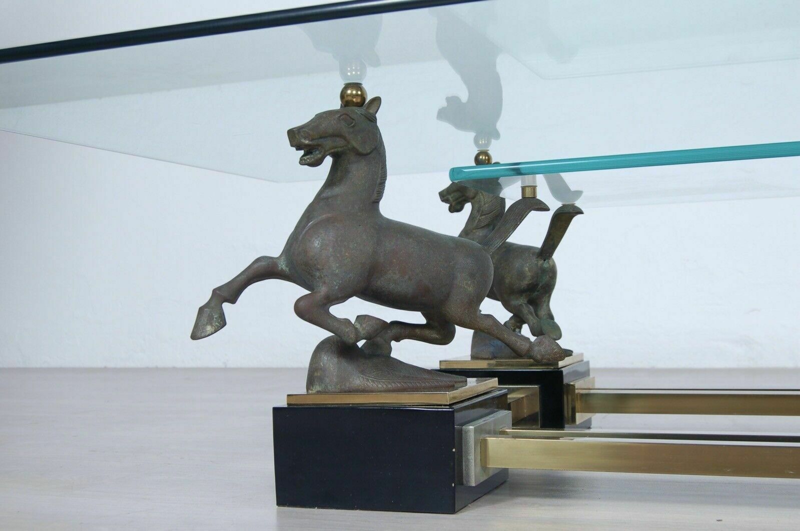 Maison Charles Large Rectangular Glass Brass Table Flying Horse Of Gansu photo 1842.0