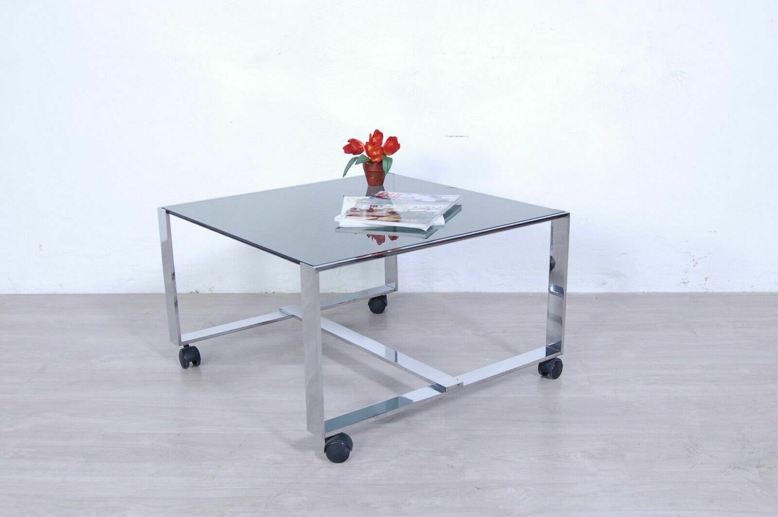 70s Design Coffee Table Modern Steel Smoked Glass Wheels Saporiti photo furniture