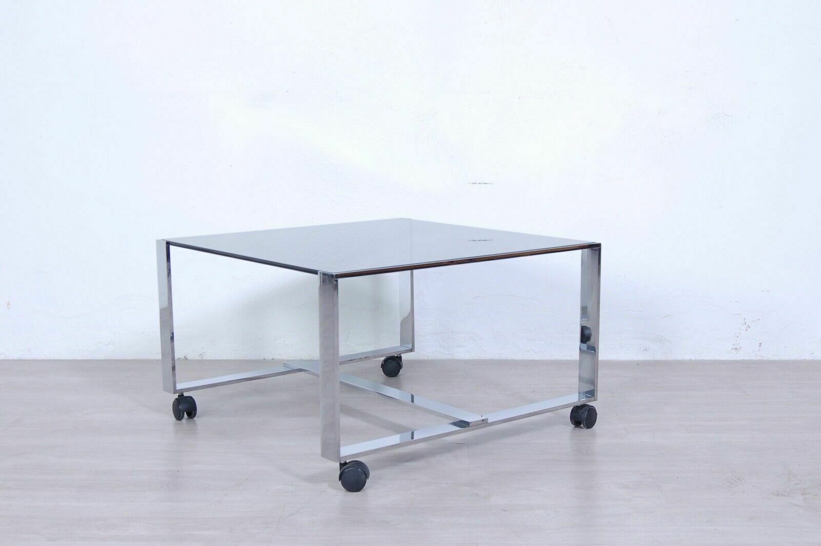70s Design Coffee Table Modern Steel Smoked Glass Wheels Saporiti photo for sale