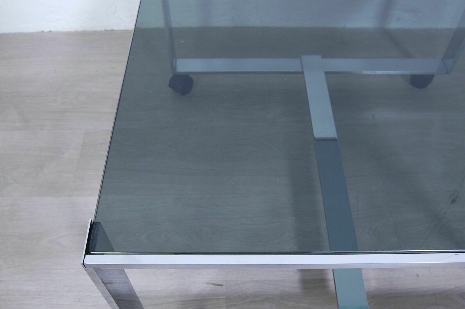 70s Design Coffee Table Modern Steel Smoked Glass Wheels Saporiti photo vintage