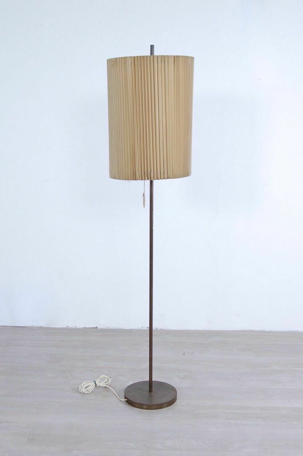 Mid Century Floor Lamp In Brass With Vintage 50s Pleated Lampshade photo vinterior