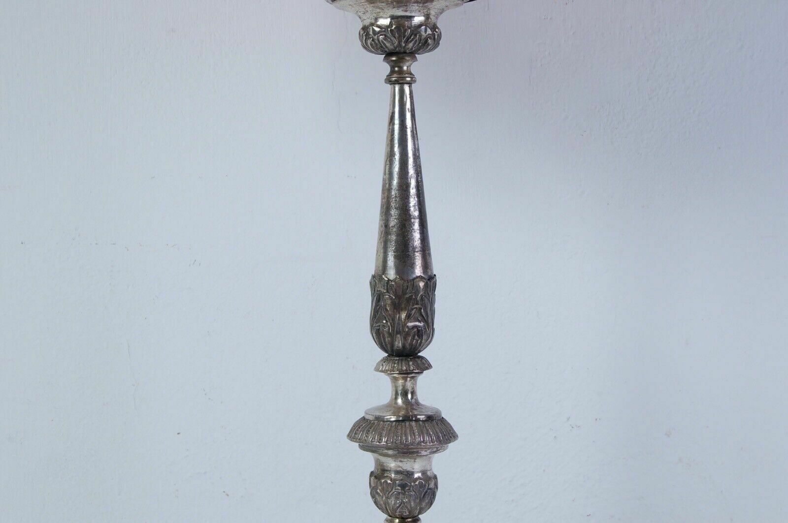 Table Lamp Old Electrified Religious Candlestick In Wood And Antique Silver photo for sale