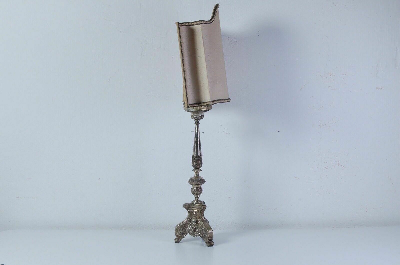 Table Lamp Old Electrified Religious Candlestick In Wood And Antique Silver photo 201.0