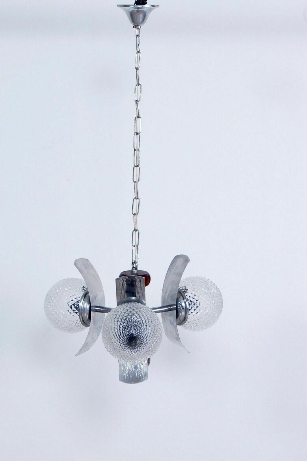 Design Chandelier From The 70s, Wood, Steel And Frosted Glass Modernity