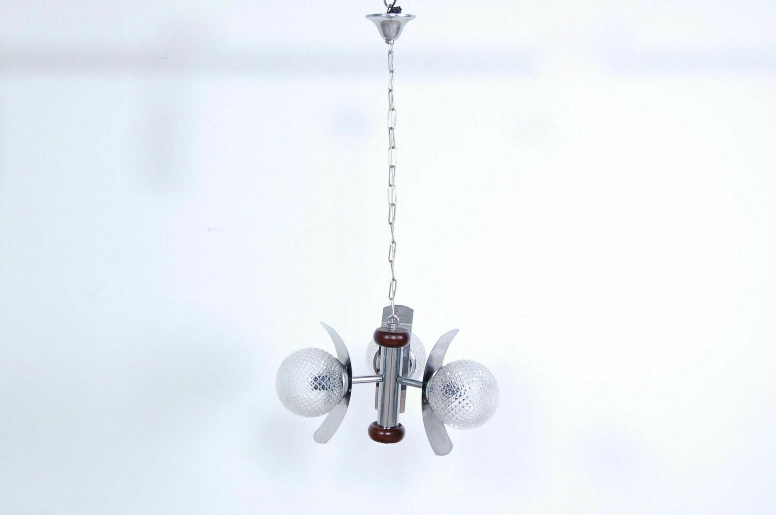 Design Chandelier From The 70s, Wood, Steel And Frosted Glass Modernity photo vinterior