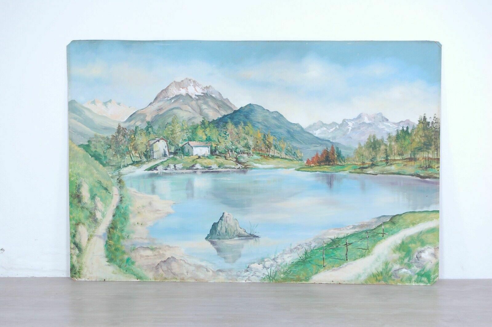Large Lake Mountain Landscape Painting Oil On Wood Brugnetti photo furniture