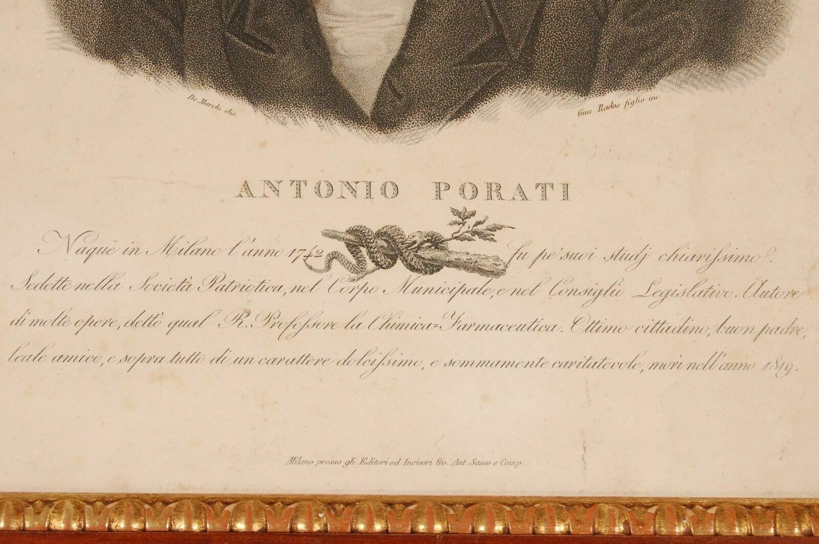 Antonio Porati, Copper Engraving, Drawing By De Marchi, Ed. Ga Sasso, Dotted photo furniture