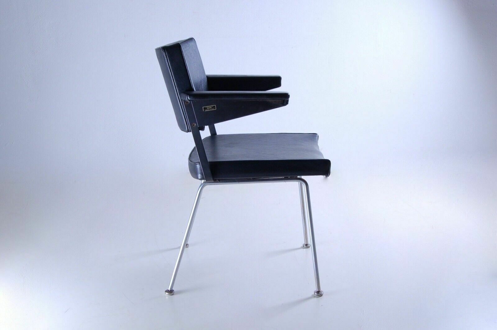 Dantuma Dutch Chair With Armrests, 1950s 60s, Steel, Black Leather photo for sale