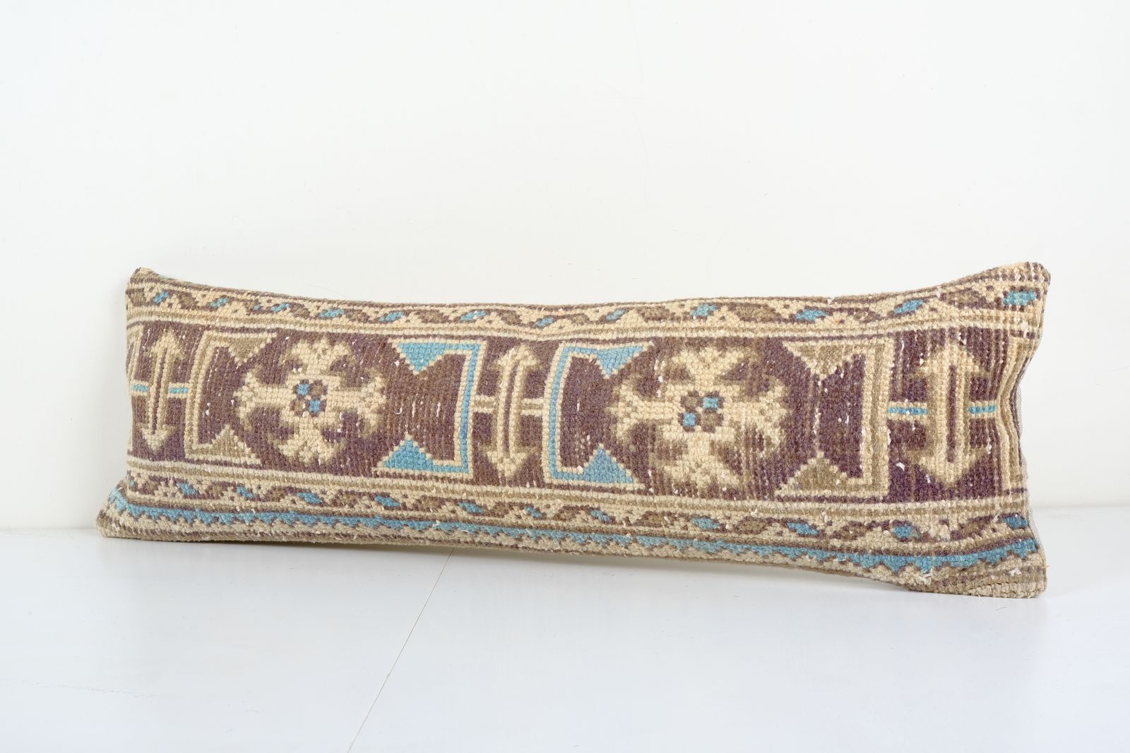 Muted Blue Carpet  Bedding Pillow, Faded Ethnic Turkish Long Yastik Pillow   Designer 11'' X 35'' photo Textiles