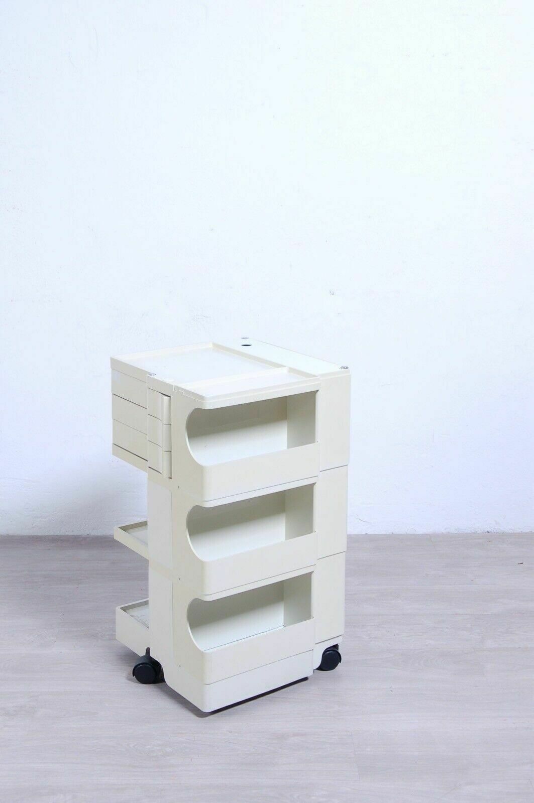 Boby Joe Colombo Bieffeplast 70s White Carello Side Table Cabinet With Wheels photo furniture