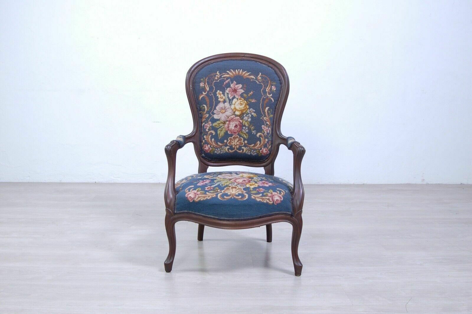Chair With Armrests Antique Armchair In Carved Wood With Floral Fabric photo furniture