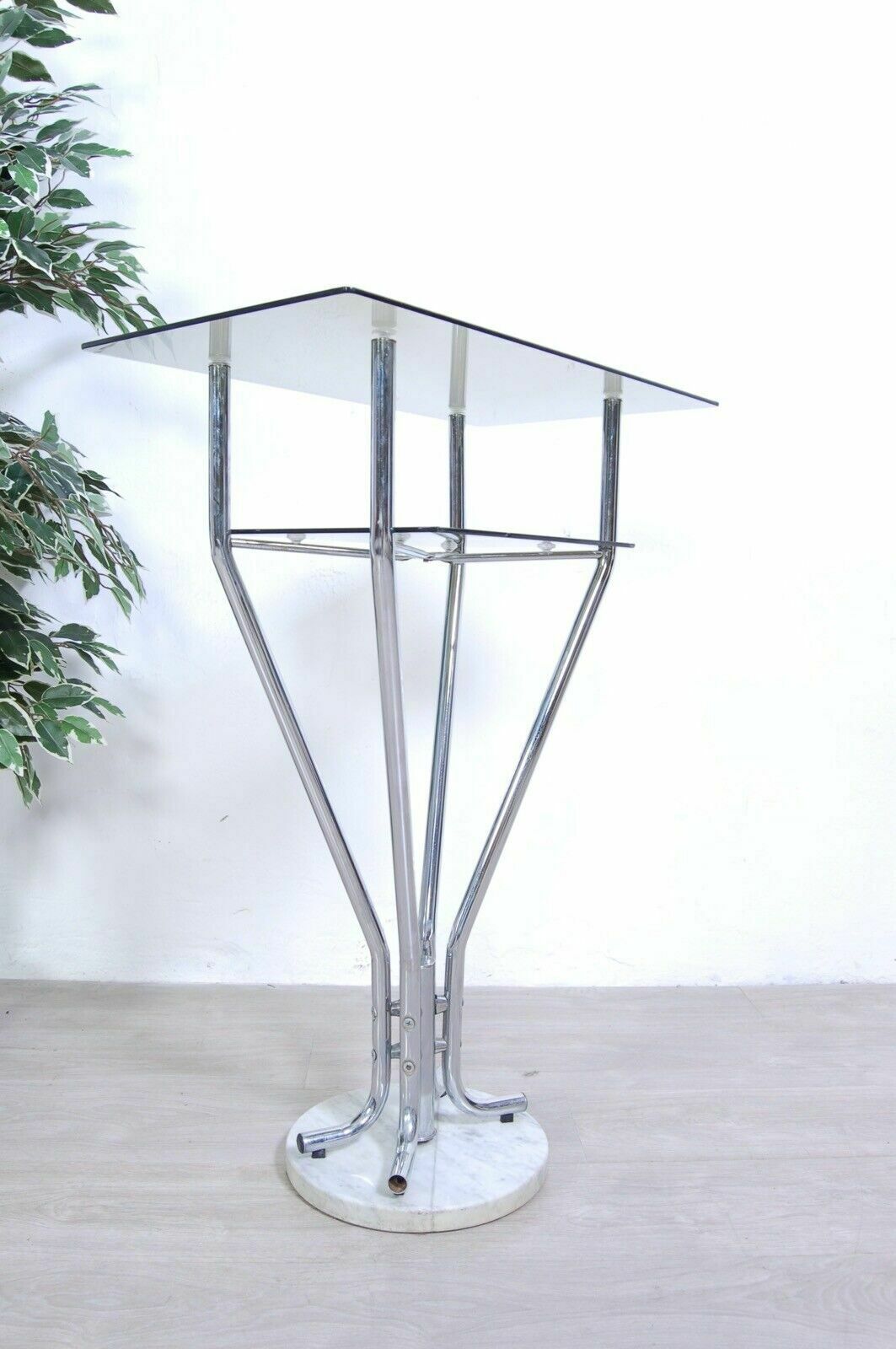 photo furniture Space Age Entrance Console High Table Design From The 70s Steel Marble Smoked Glass