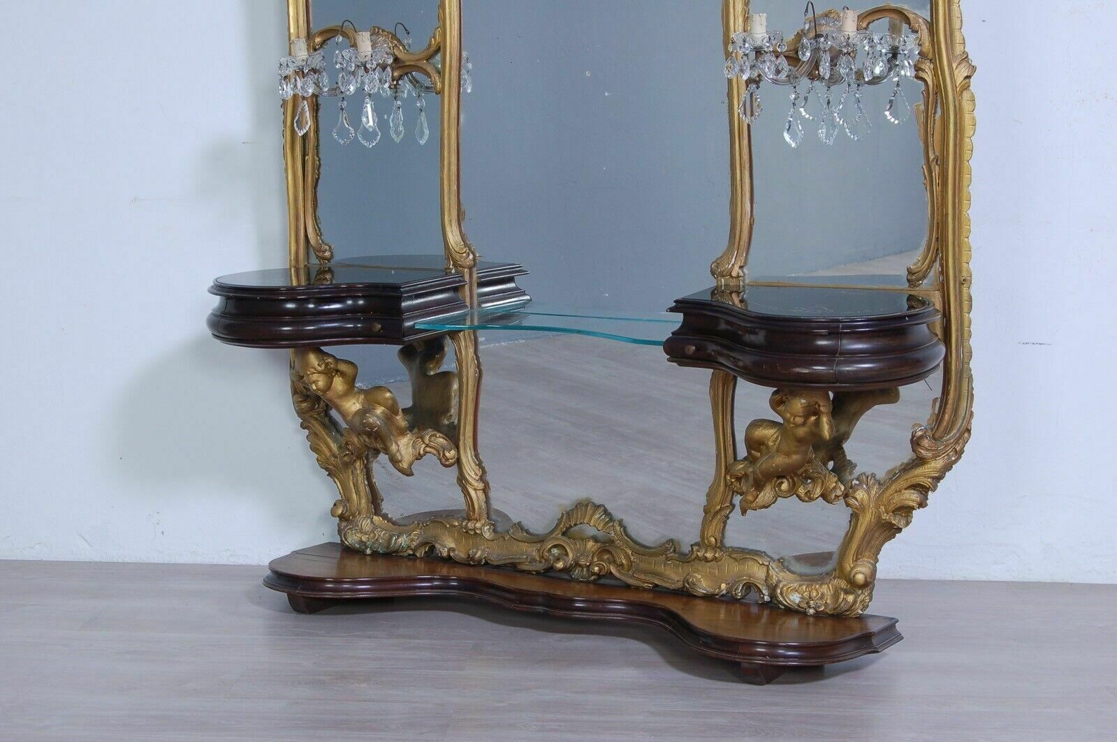 Baroque Dressing Table Suspended Console Large Mirror Gold Frame Applique Drops photo furniture