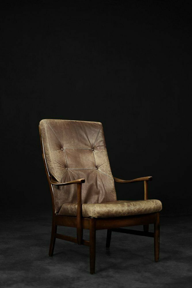 Mid Century Danish Modern Beech & Brown Leather High Armchair From Farstrup Møbler, 1970s