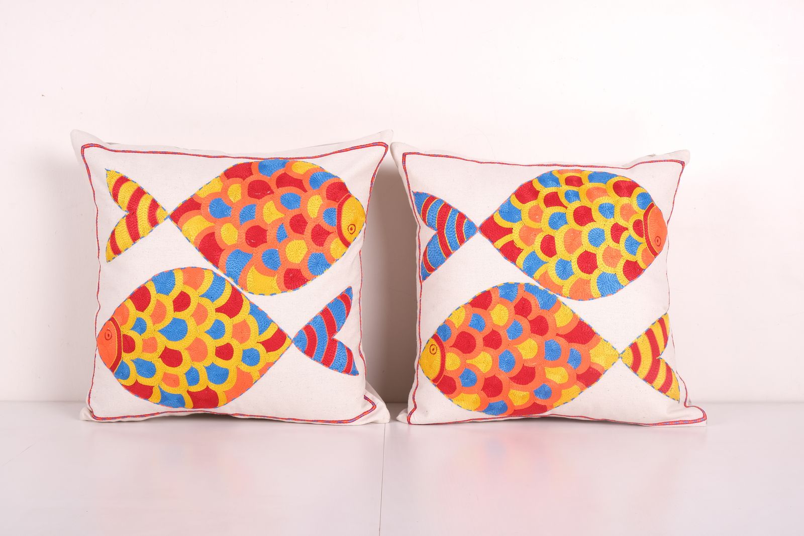 Bohemian Fish Figured Cotton Pillowcase, Set Of Two Ethnic Animal Pattern Designer Cushion   Hand Embroidered Pillow Cover 18'' X 18''