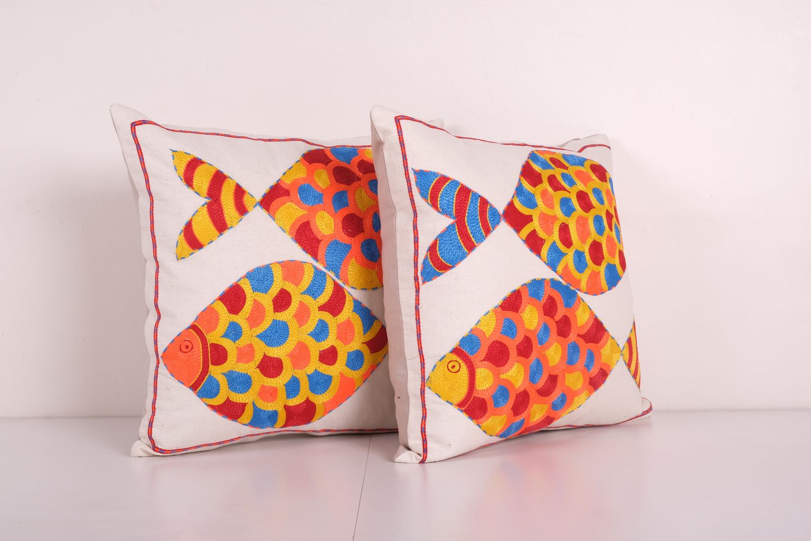 Bohemian Fish Figured Cotton Pillowcase, Set Of Two Ethnic Animal Pattern Designer Cushion   Hand Embroidered Pillow Cover 18'' X 18'' photo for sale