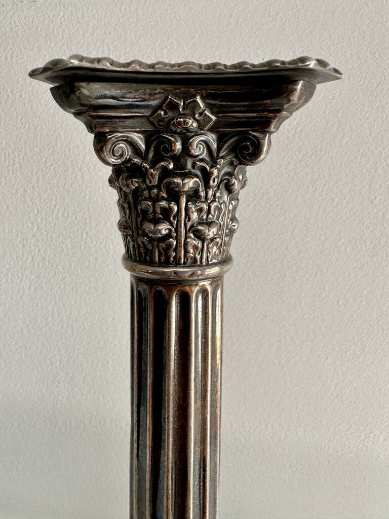 Beautiful Antique Sterling Silver Georgian Corinthian Candle Stick By Renowned Silversmiths Fordham & Faulkner photo vinterior