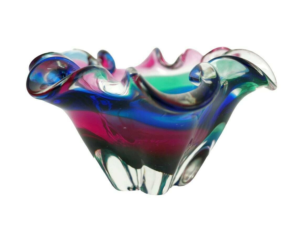 Murano Italian Art Glass Dish, Green Pink Blue Swirl, 1960’s